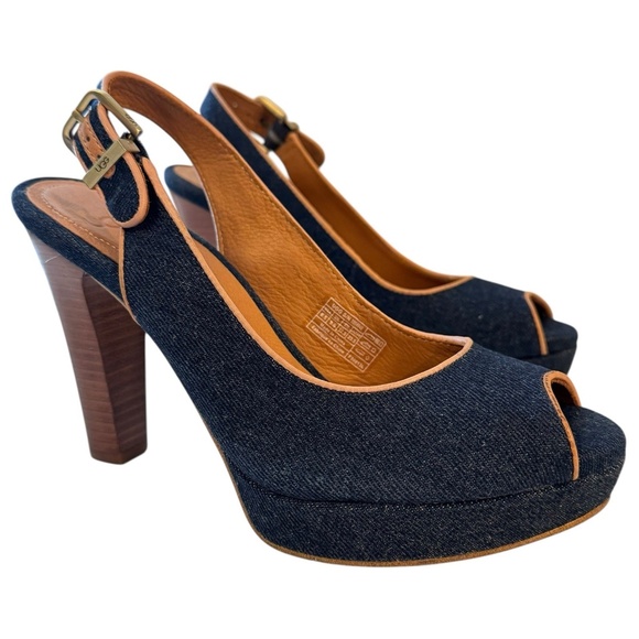 UGG Slingback Pumps Heels Peep Toe Shoe Blue Denim Brown Leather Womens Size 6.5 - Picture 1 of 12